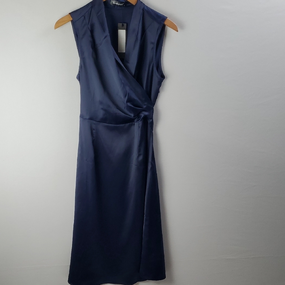 Elegant Navy Blue Satin V Neck Sleeveless  Midi Wrap Cocktail Party Dress Sz S